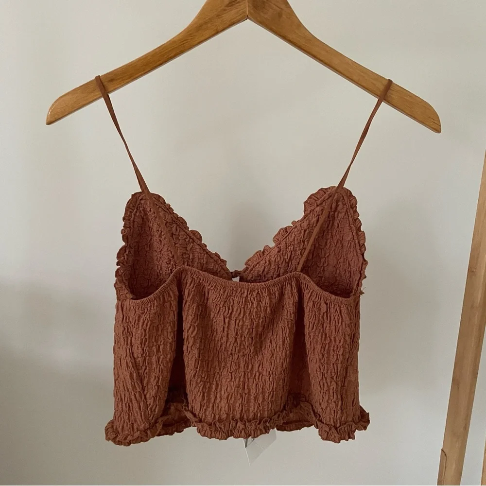 NWT Zara Ruffled Textured Tie Front Tank Top in Brown - M - Picture 7 of 8
